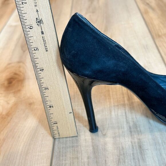 Stuart Weitzman Black Suede Heels Peep Toe Criss Cross Size 7.5 - Picture 9 of 16